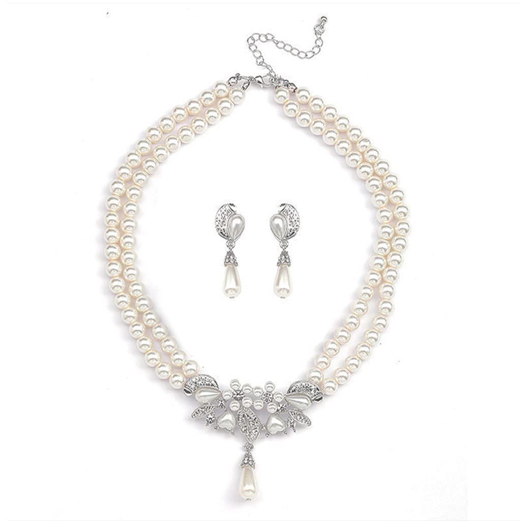 SANNIDHI Pearl Necklace Earrings Double Layer Faux Pearl Necklace Eardrop Set for Women Girls, Lady Pearl Pendent Necklace, Elegant Bridal Jewelry Set, Pearl Necklace Earrings Set for Banquet, Party SANNIDHI Pearl Necklace Earrings Double Layer Faux Pearl Necklace Eardrop Set for Women Girls, Lady Pearl Pendent Necklace, Elegant Bridal Jewelry Set, Pearl Necklace Earrings Set for Banquet, Party